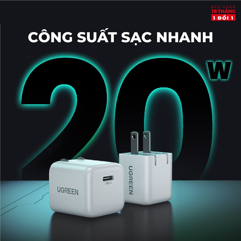 70572 Củ sạc nhanh PD20W UGREEN CD249 Cổng sạc Type-C, chân cắm gập gọn